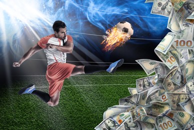 Image of Win on sports betting, online bookmaker service. Football player with burning soccer ball on stadium. Many dollars on foreground