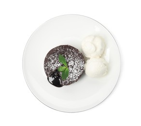 Photo of Plate of delicious fresh fondant with hot chocolate, mint and ice cream on white background, top view