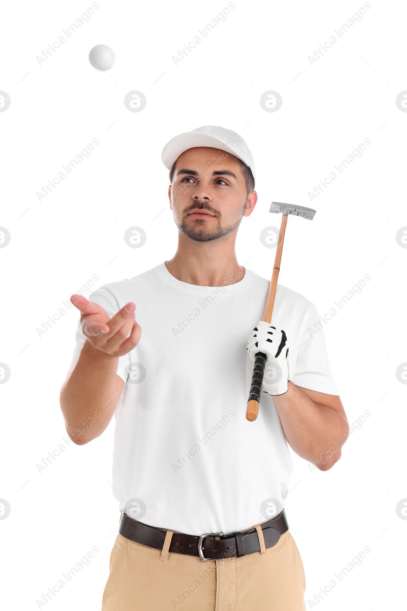 Photo of Portrait of young man with golf club and ball on white background