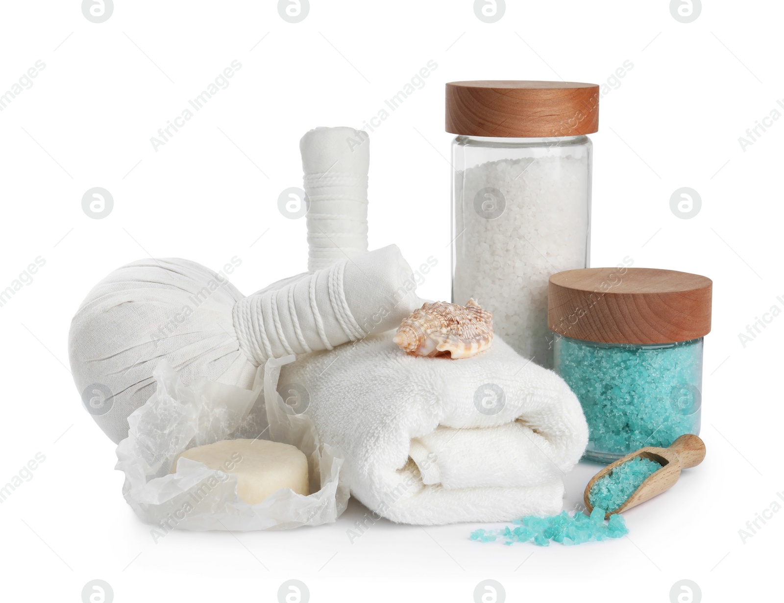 Photo of Beautiful composition with different spa products on white background