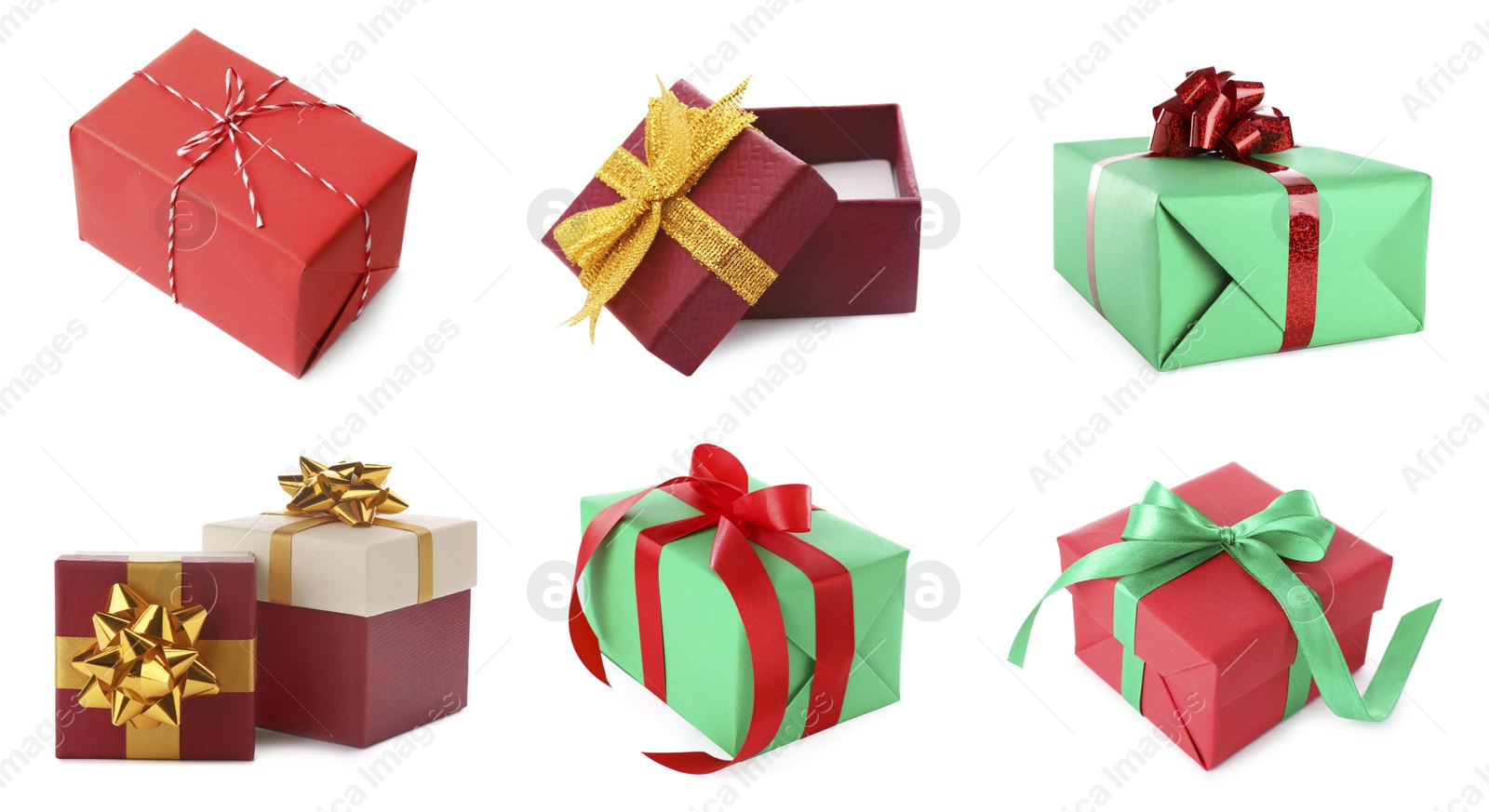 Image of Set of Christmas gift boxes on white background. Banner design