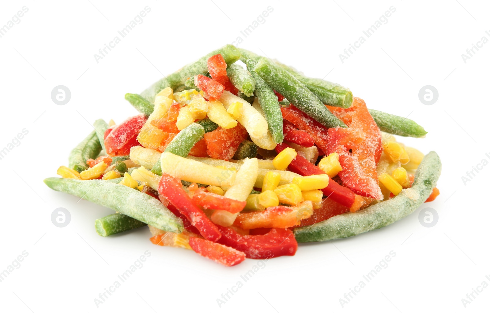 Photo of Mix of different frozen vegetables isolated on white