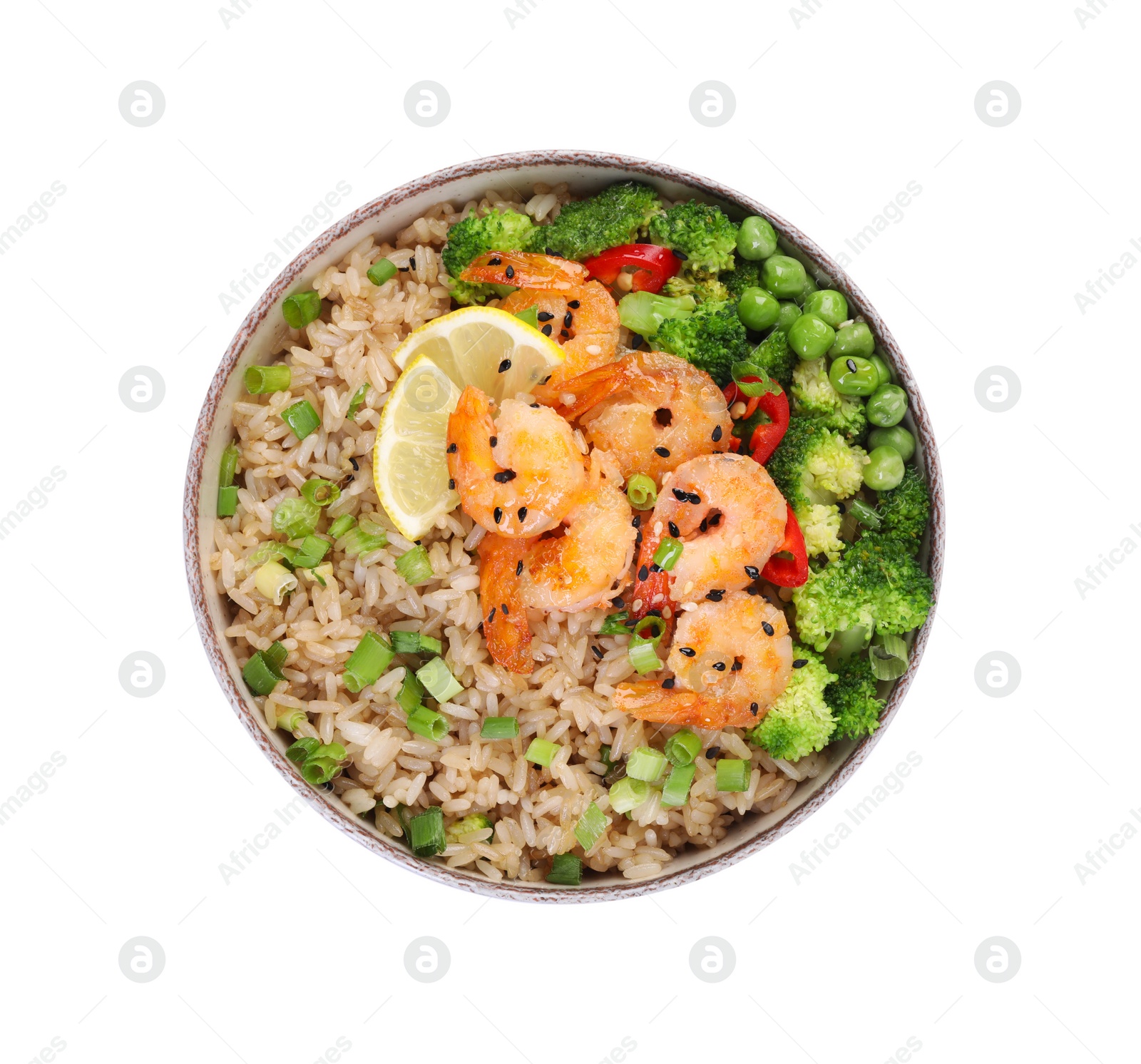 Photo of Tasty rice with shrimps and vegetables in bowl isolated on white, top view