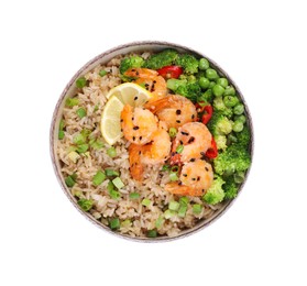 Tasty rice with shrimps and vegetables in bowl isolated on white, top view