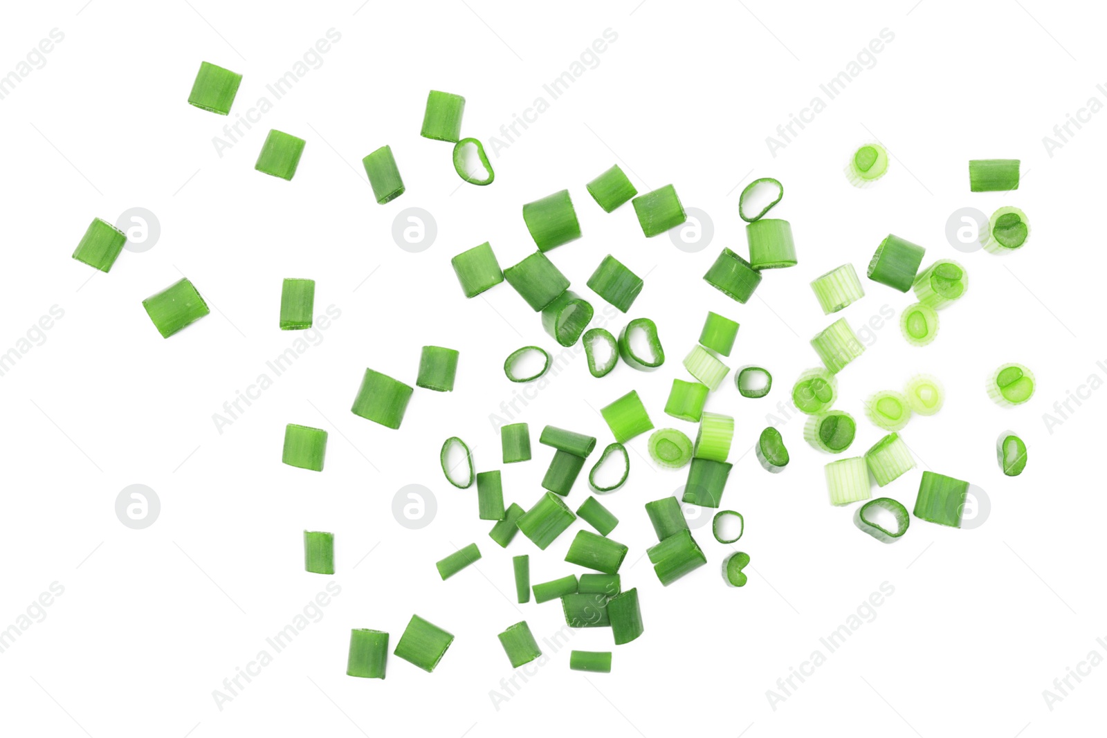 Photo of Chopped fresh green onions on white background, top view