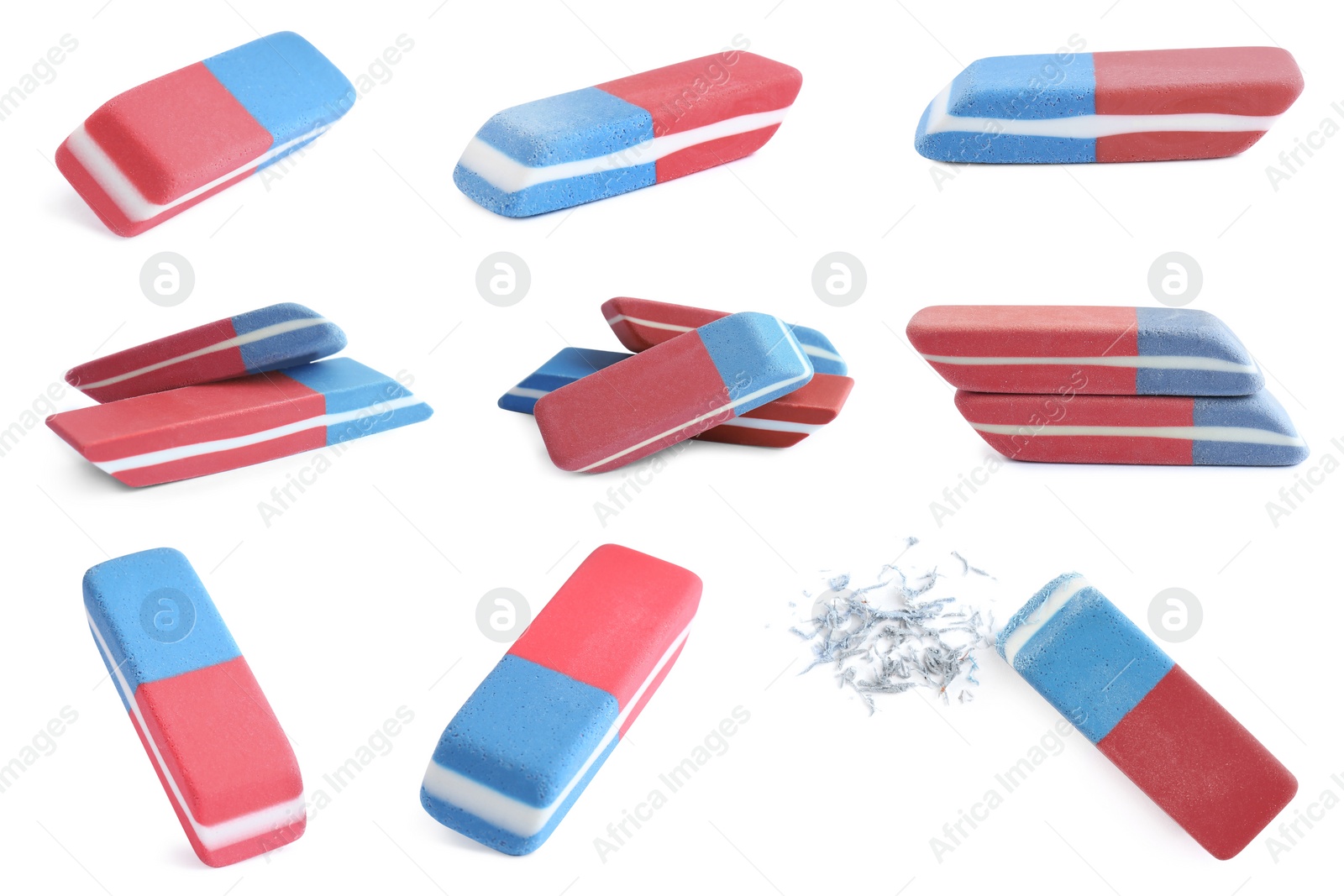 Image of Collage of rubber erasers on white background