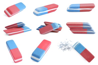 Collage of rubber erasers on white background