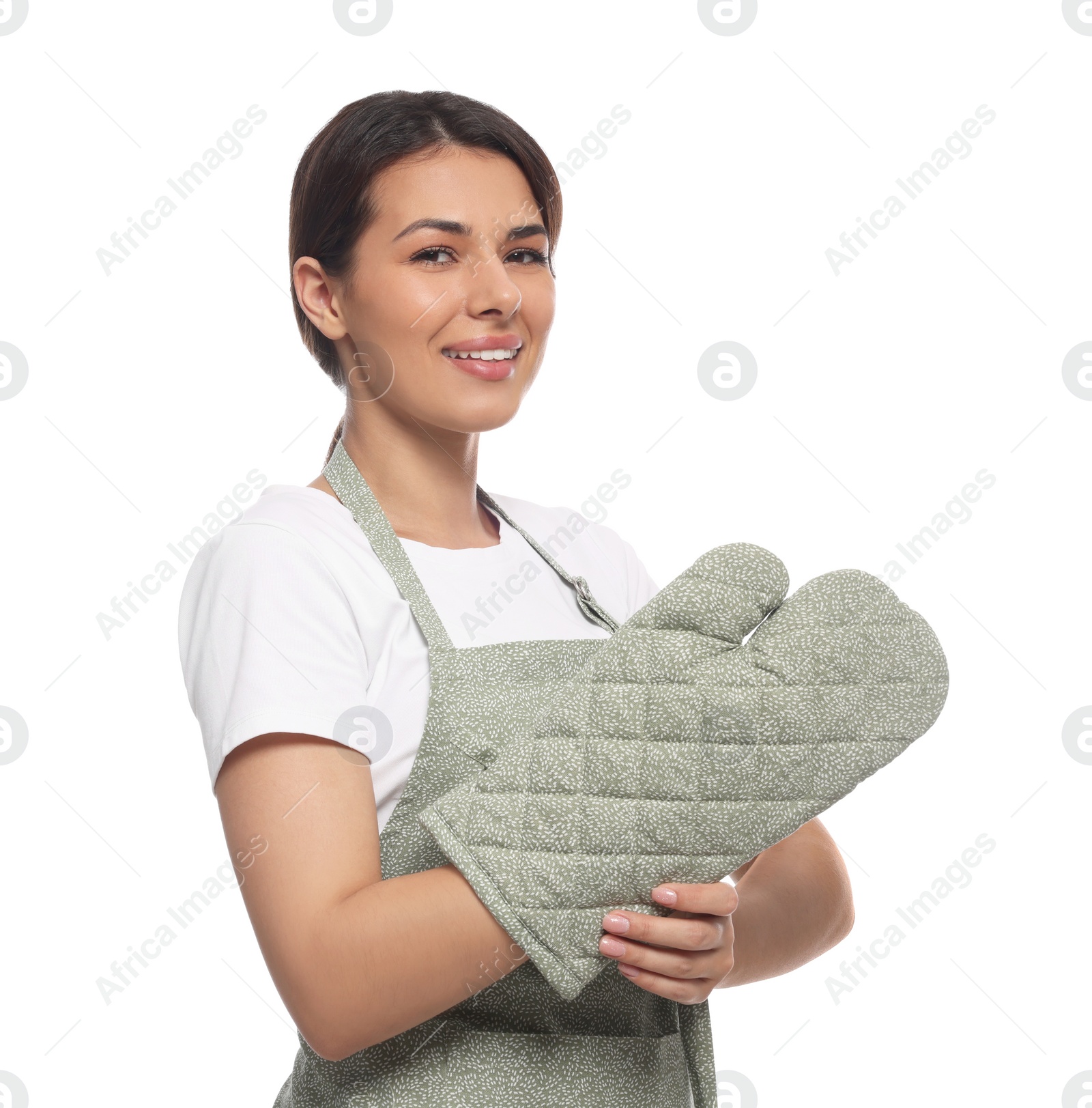 Photo of Woman wearing green apron and oven glove on white background