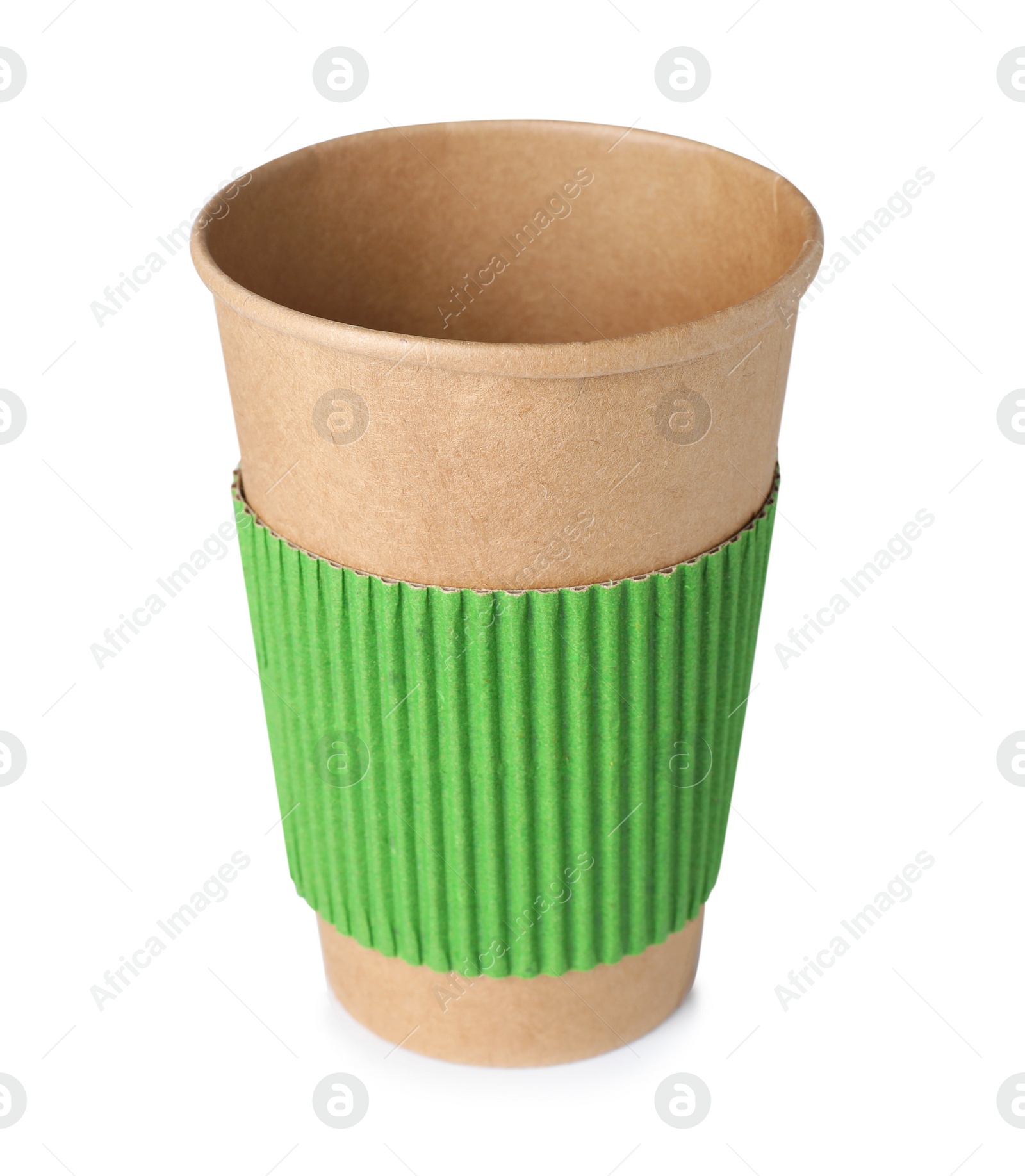 Photo of Empty takeaway paper coffee cup isolated on white