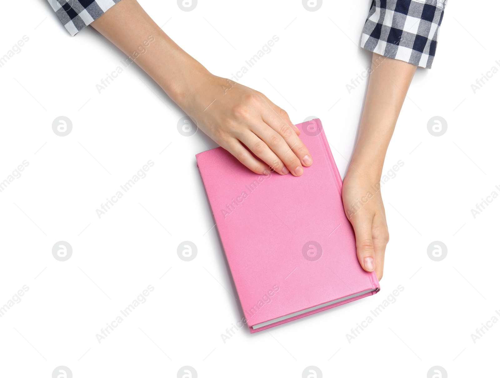 Photo of Woman with notebook on white background, top view. Closeup of hands