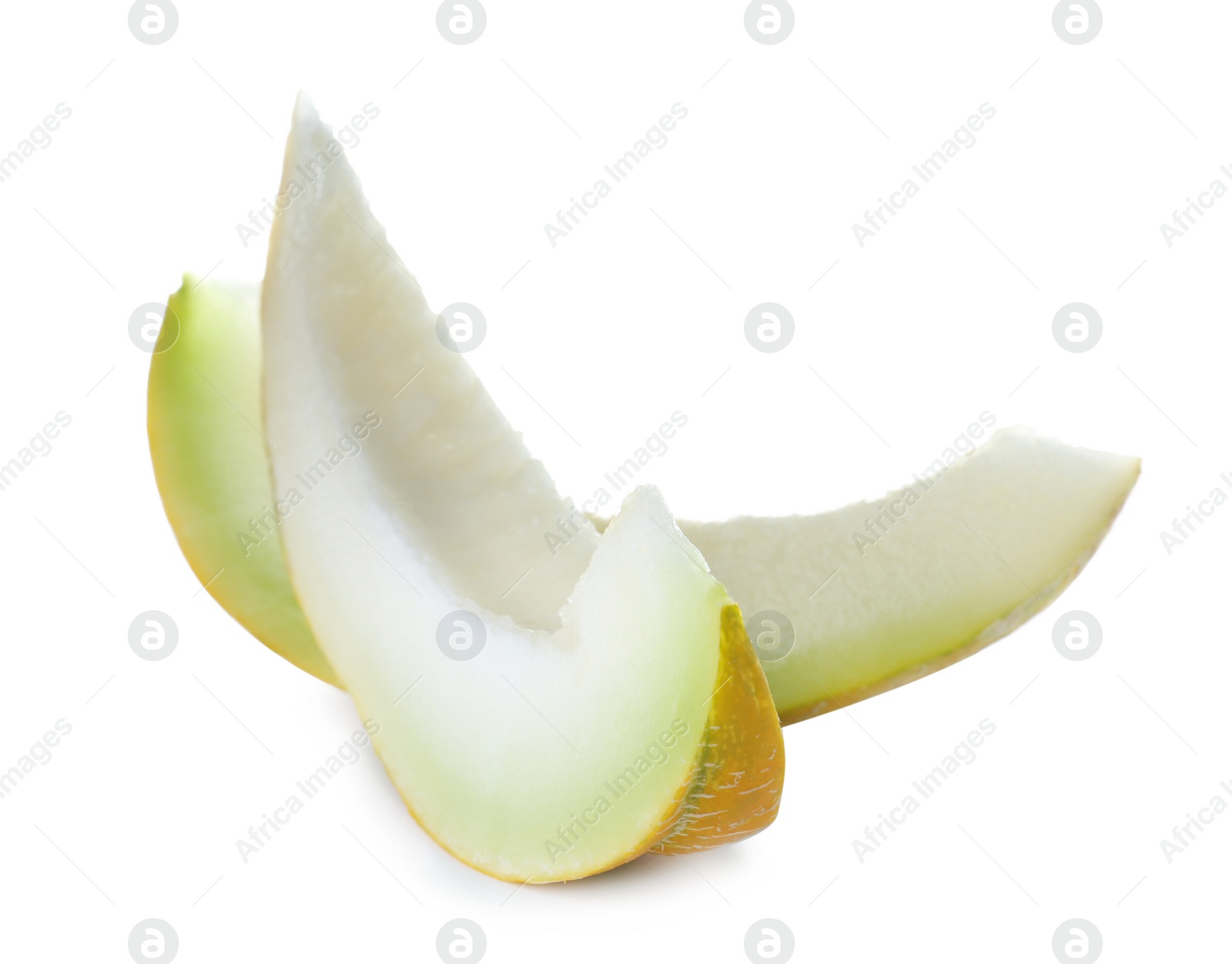 Photo of Slices of tasty ripe melon on white background