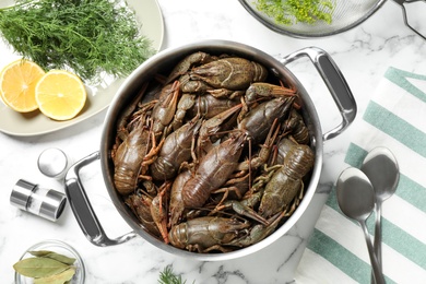 Photo of Fresh raw crayfishes in pot on white marble table, flat lay