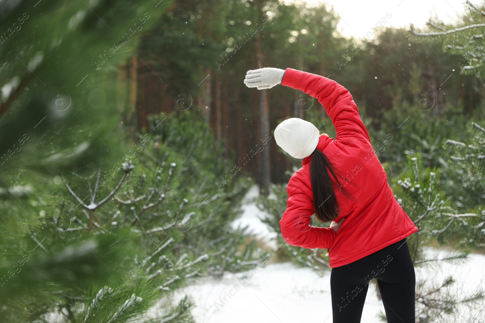 Photo of Woman doing sports exercises in winter forest, back view