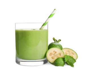 Photo of Fresh feijoa smoothie in glass and fresh fruits on white background