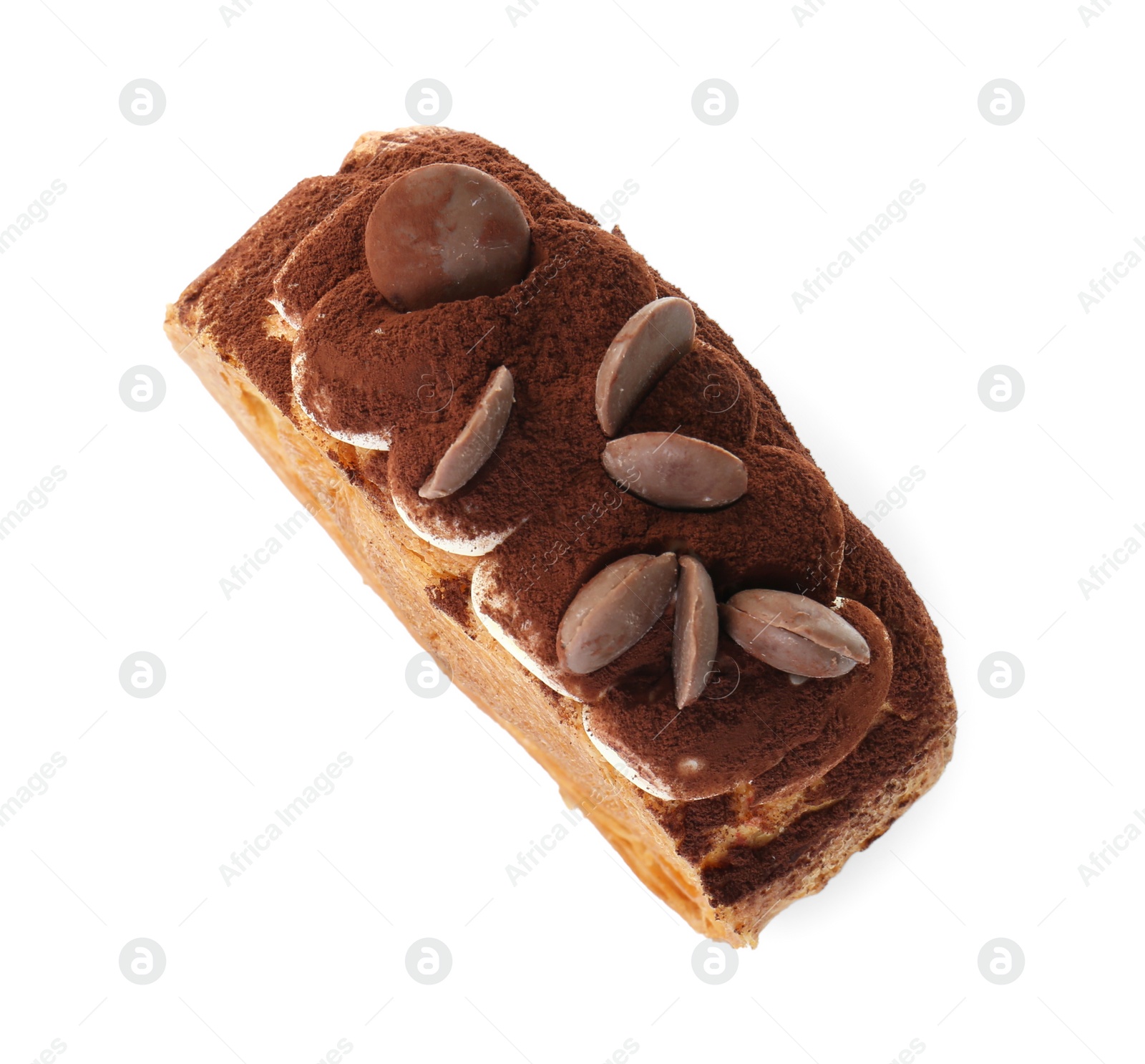 Photo of Round croissant with chocolate chips and cream isolated on white, top view. Tasty puff pastry