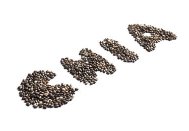 Photo of Word CHIA made of seeds on white background