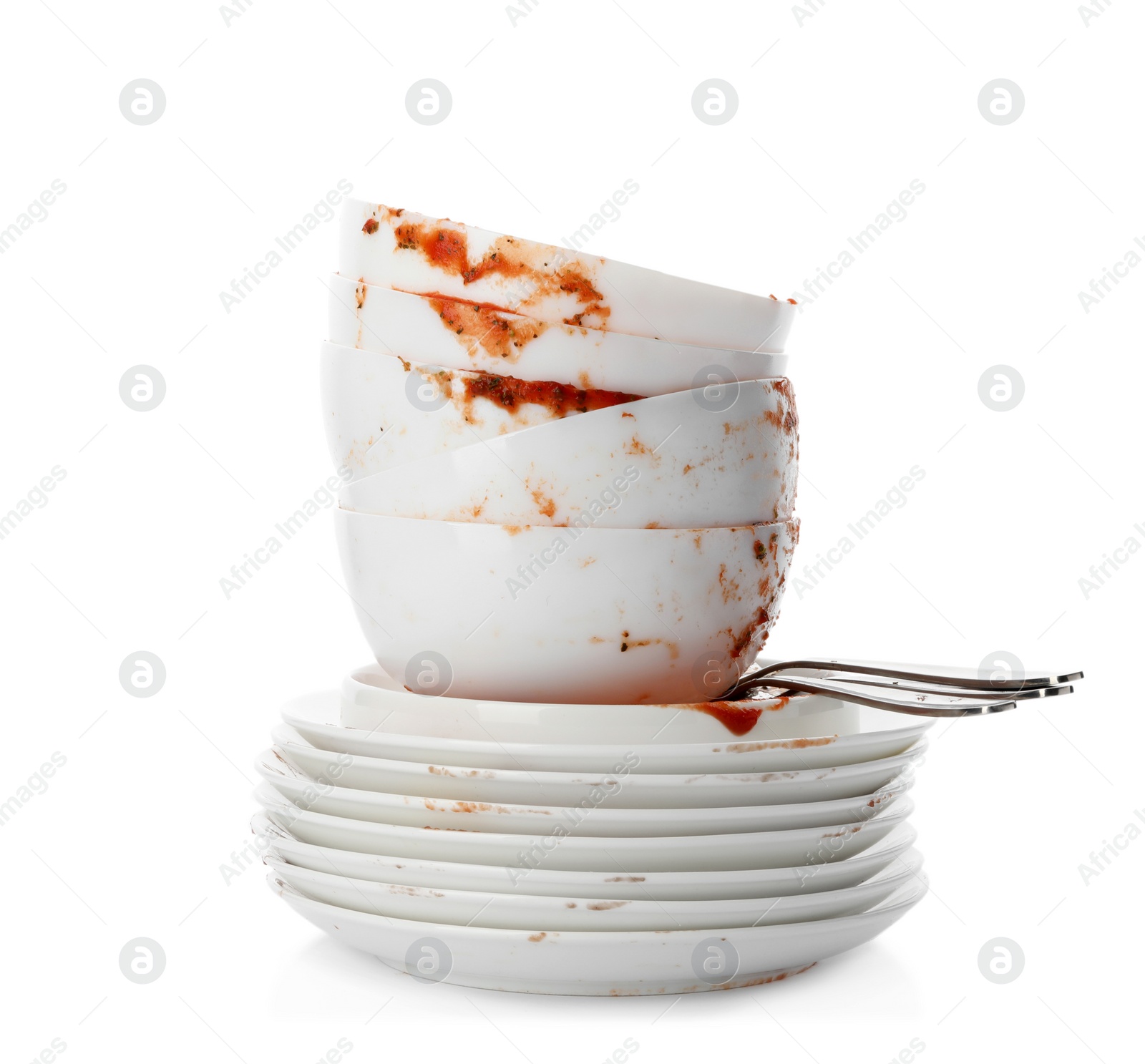 Photo of Set of dirty dishes isolated on white