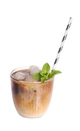 Refreshing iced coffee with milk in glass isolated on white