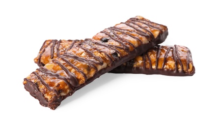 Image of Tasty granola bars with chocolate on white background