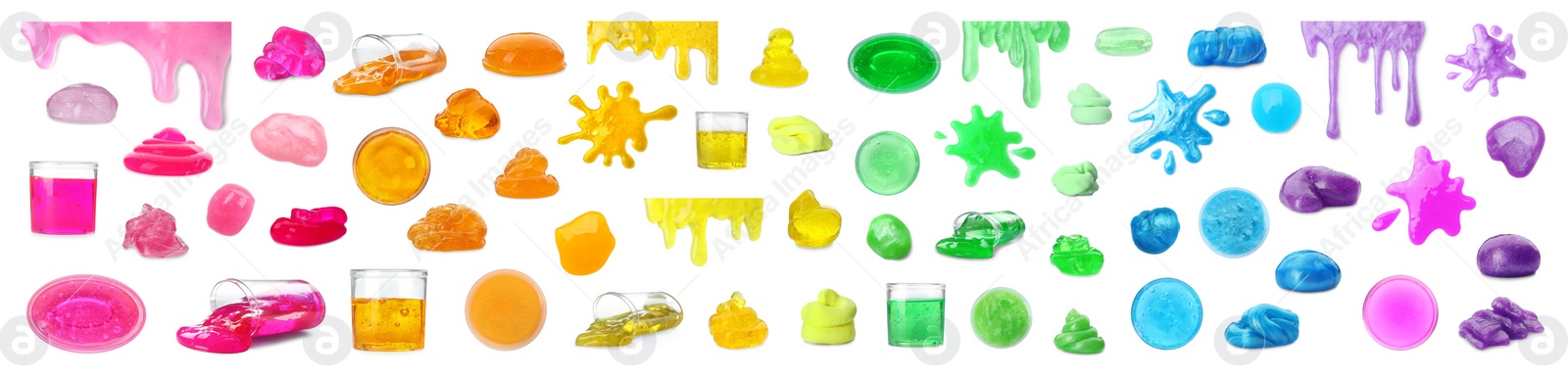 Image of Set of different colorful slimes on white background. Antistress toy 