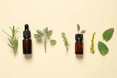 Bottles of essential oils and different herbs on beige background, flat lay