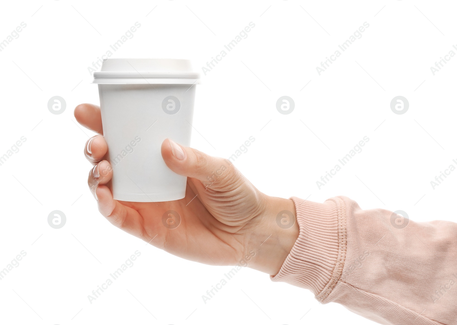 Photo of Woman holding takeaway paper coffee cup on white background. Space for design