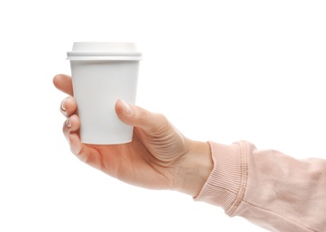 Woman holding takeaway paper coffee cup on white background. Space for design