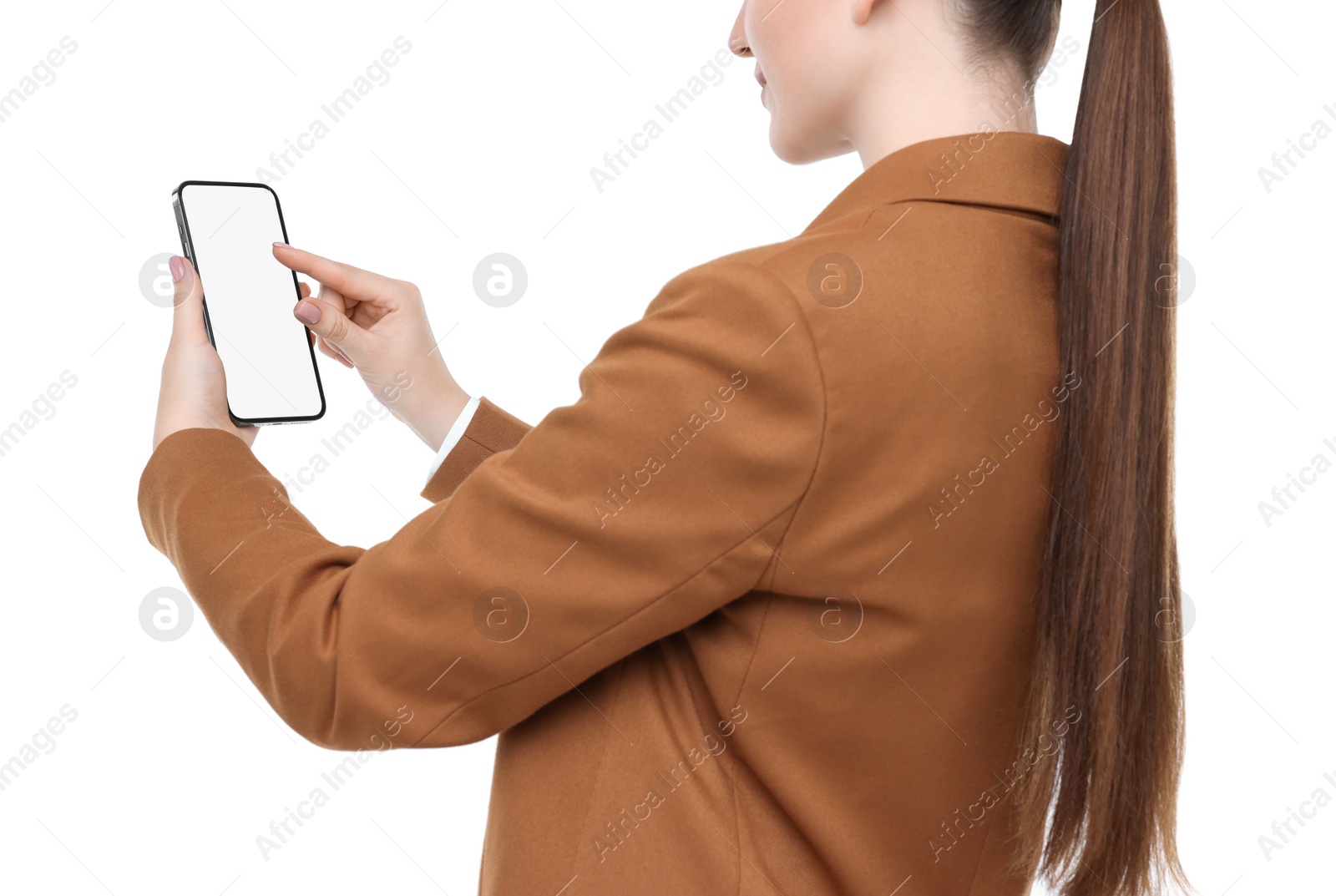 Photo of Woman using smartphone with blank screen on white background, closeup. Mockup for design