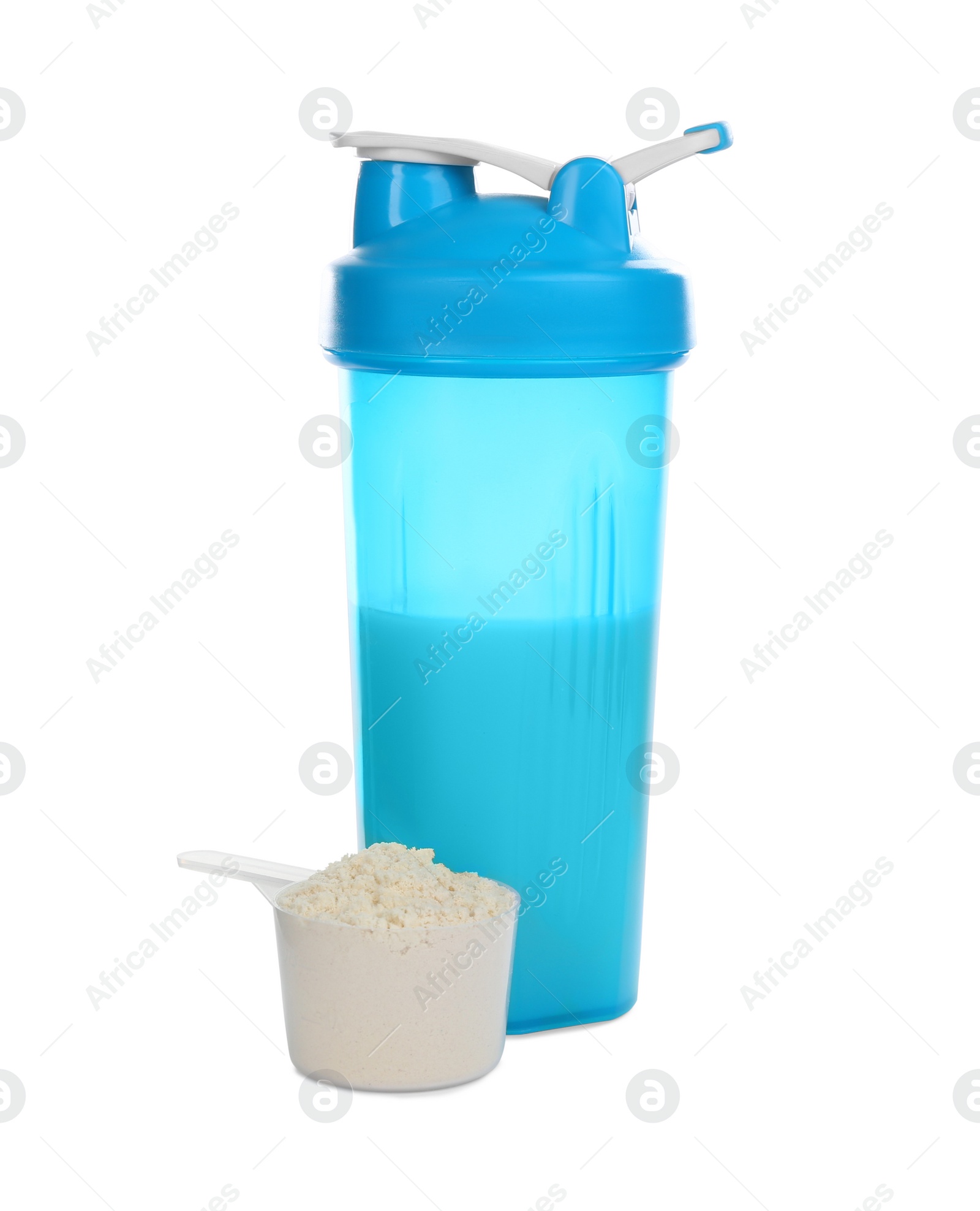 Photo of Protein shake and powder isolated on white