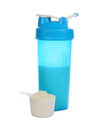 Photo of Protein shake and powder isolated on white