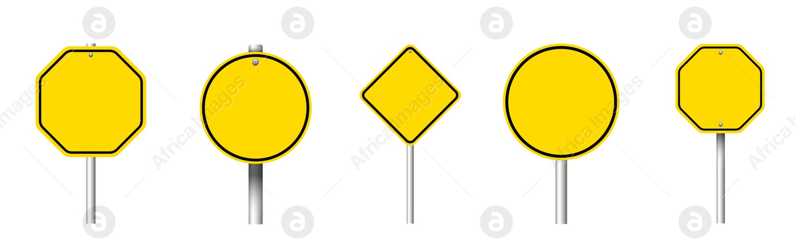 Image of Different yellow blank road signs on white background, collage design