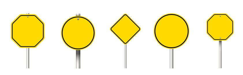 Image of Different yellow blank road signs on white background, collage design