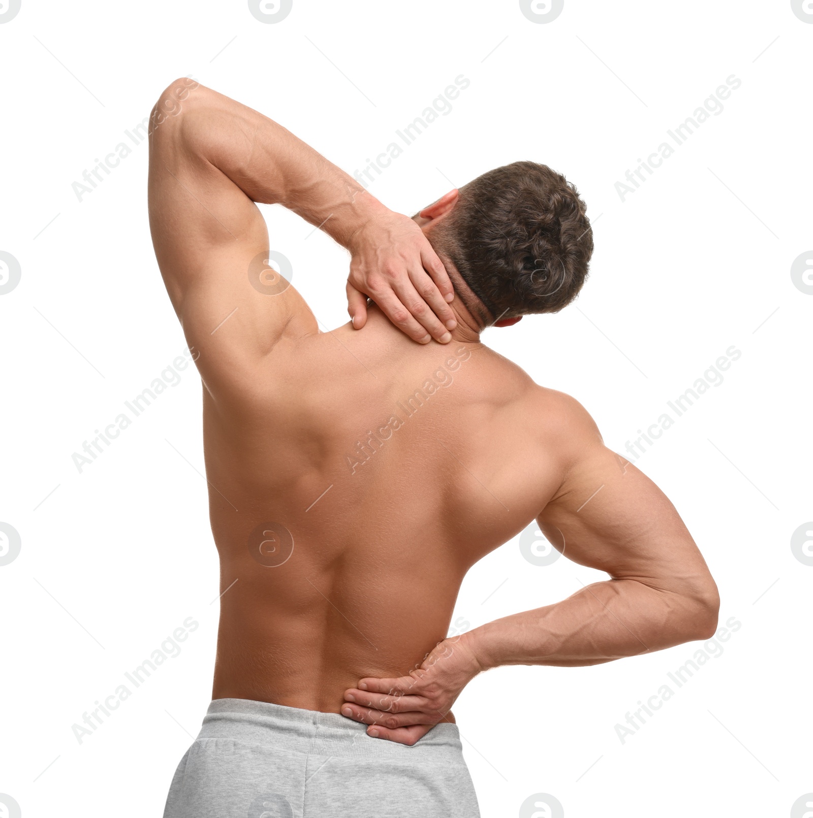 Photo of Man suffering from neck and back pain on white background, back view