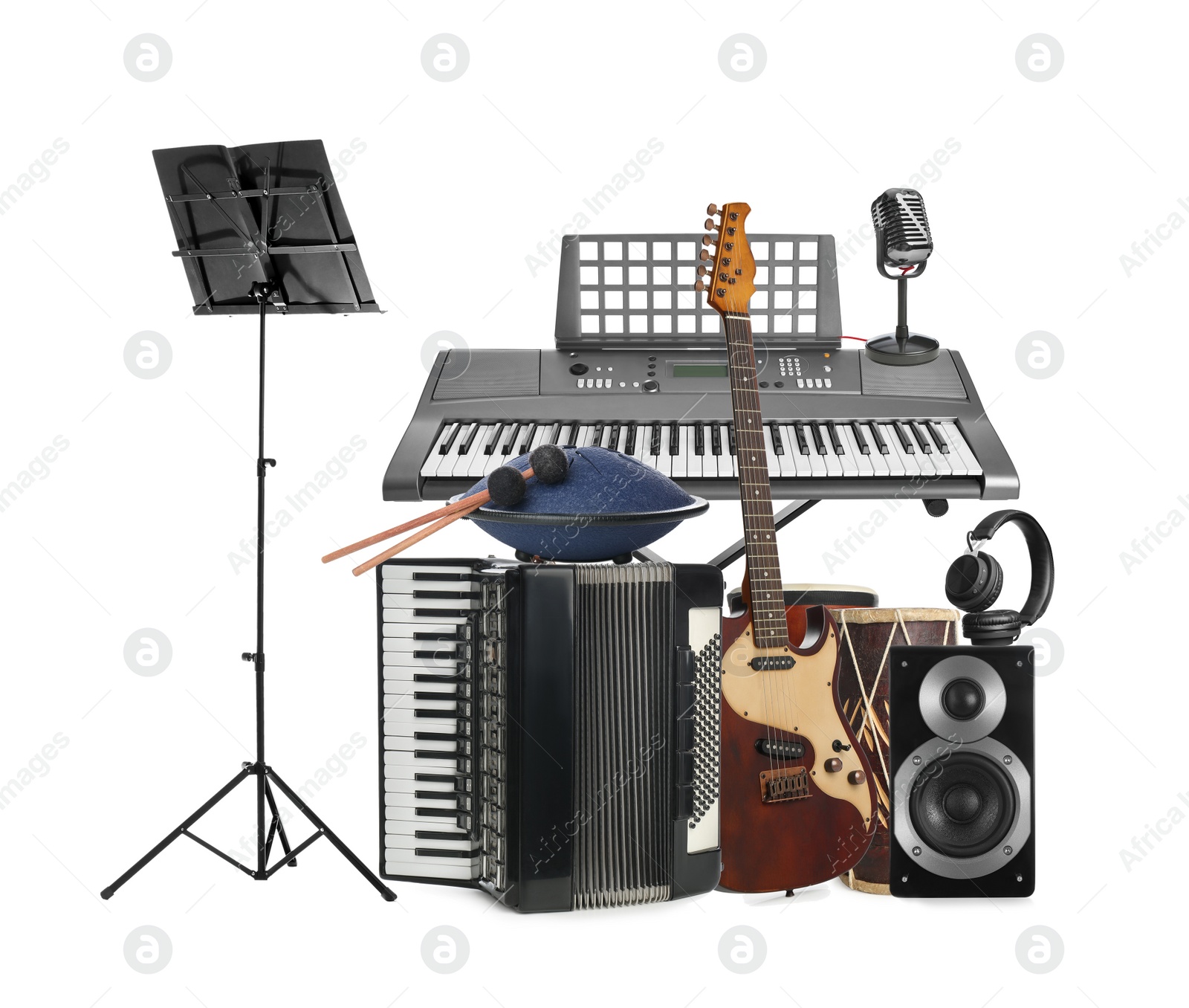 Image of Group of different musical instruments on white background