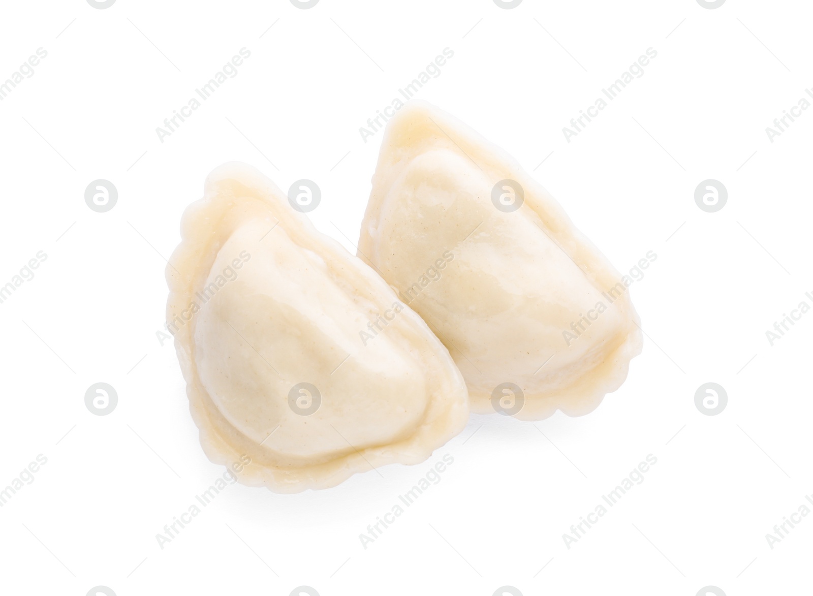 Photo of Delicious dumplings (varenyky) with tasty filling on white background, top view