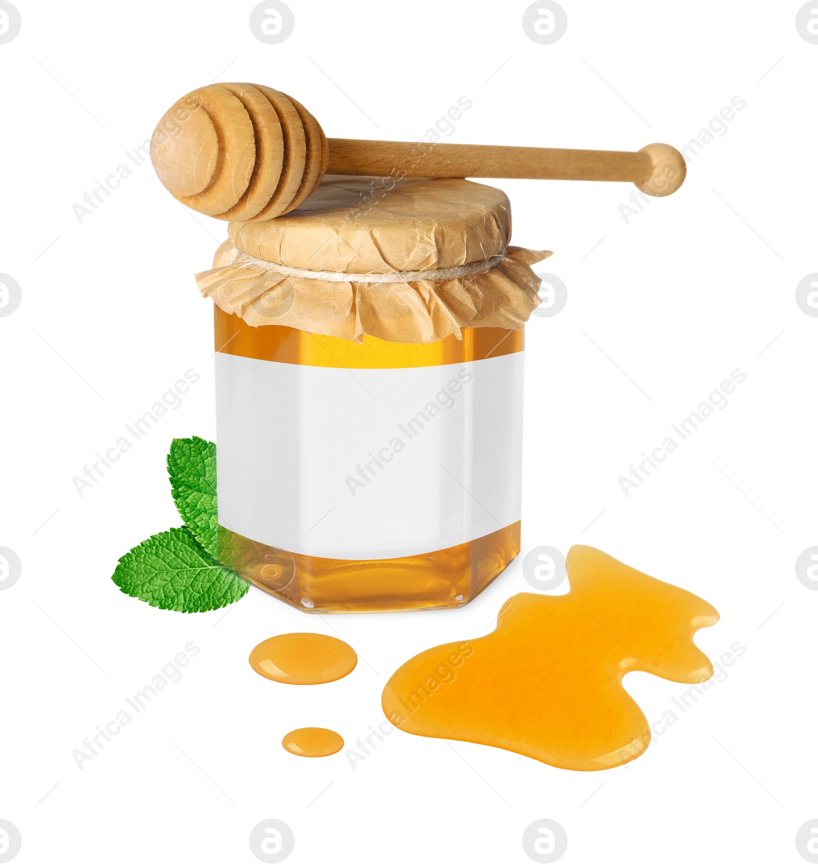 Image of Jar of honey with blank label and wooden honey dipper on white background. Mockup for design