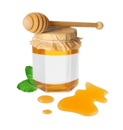 Image of Jar of honey with blank label and wooden honey dipper on white background. Mockup for design