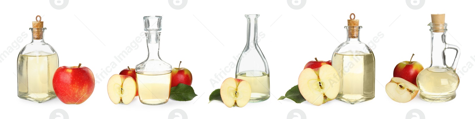 Image of Natural apple vinegar and fresh fruits on white background, collage. Banner design