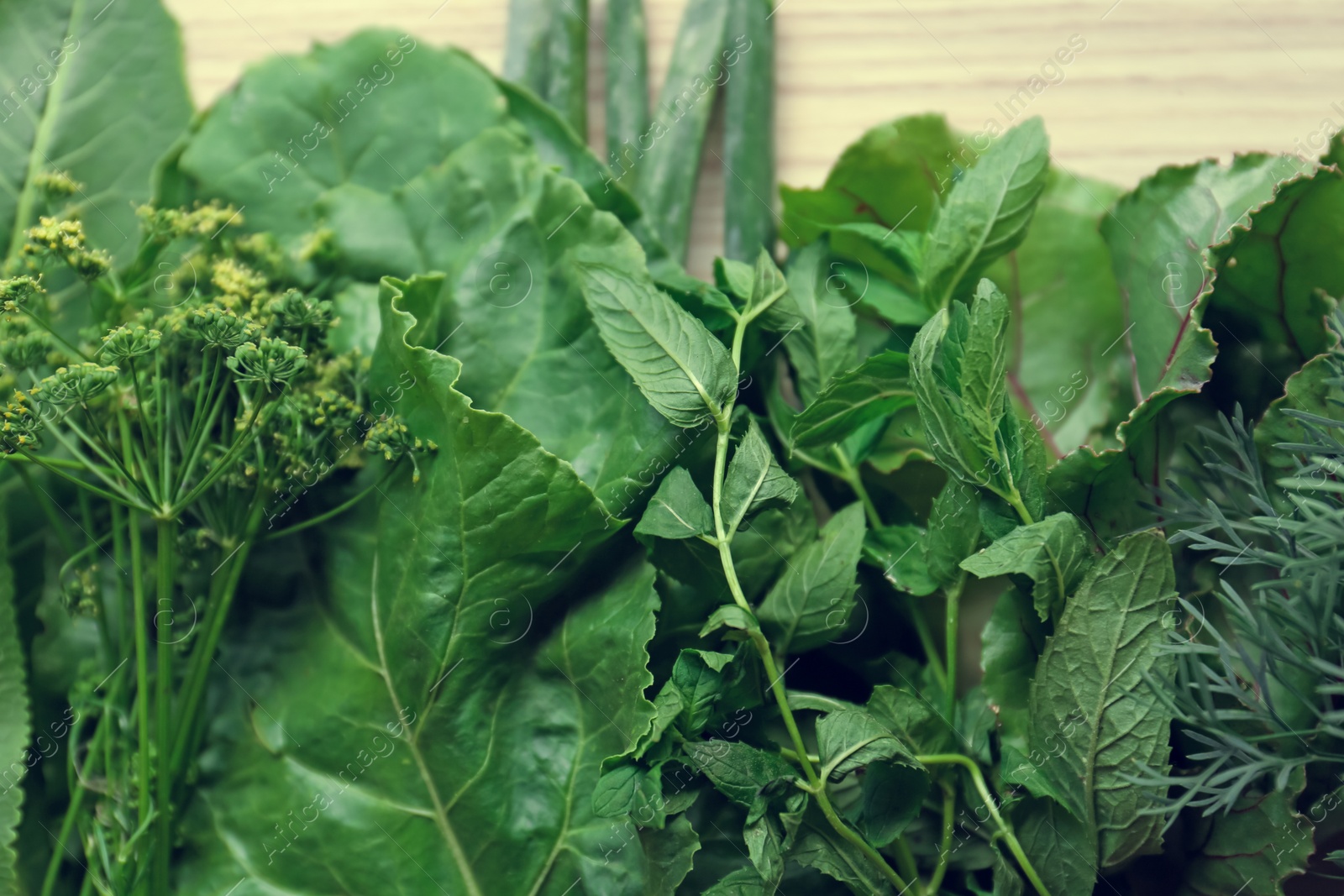 Photo of Different herbs on white table, closeup view