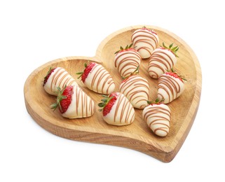 Photo of Heart shaped plate with delicious chocolate covered strawberries isolated on white