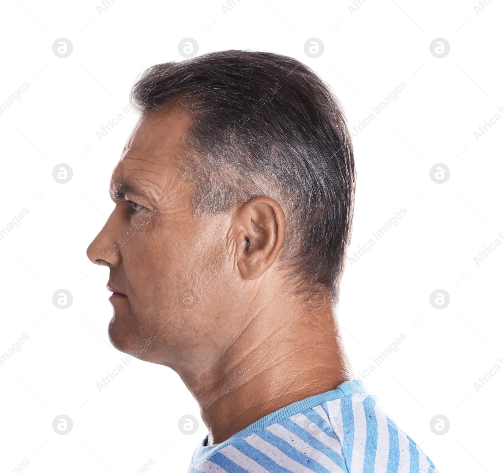 Photo of Mature man on white background. Hearing problem