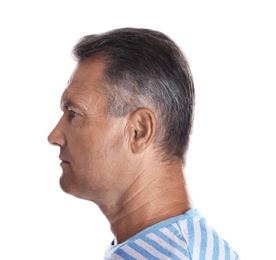 Photo of Mature man on white background. Hearing problem