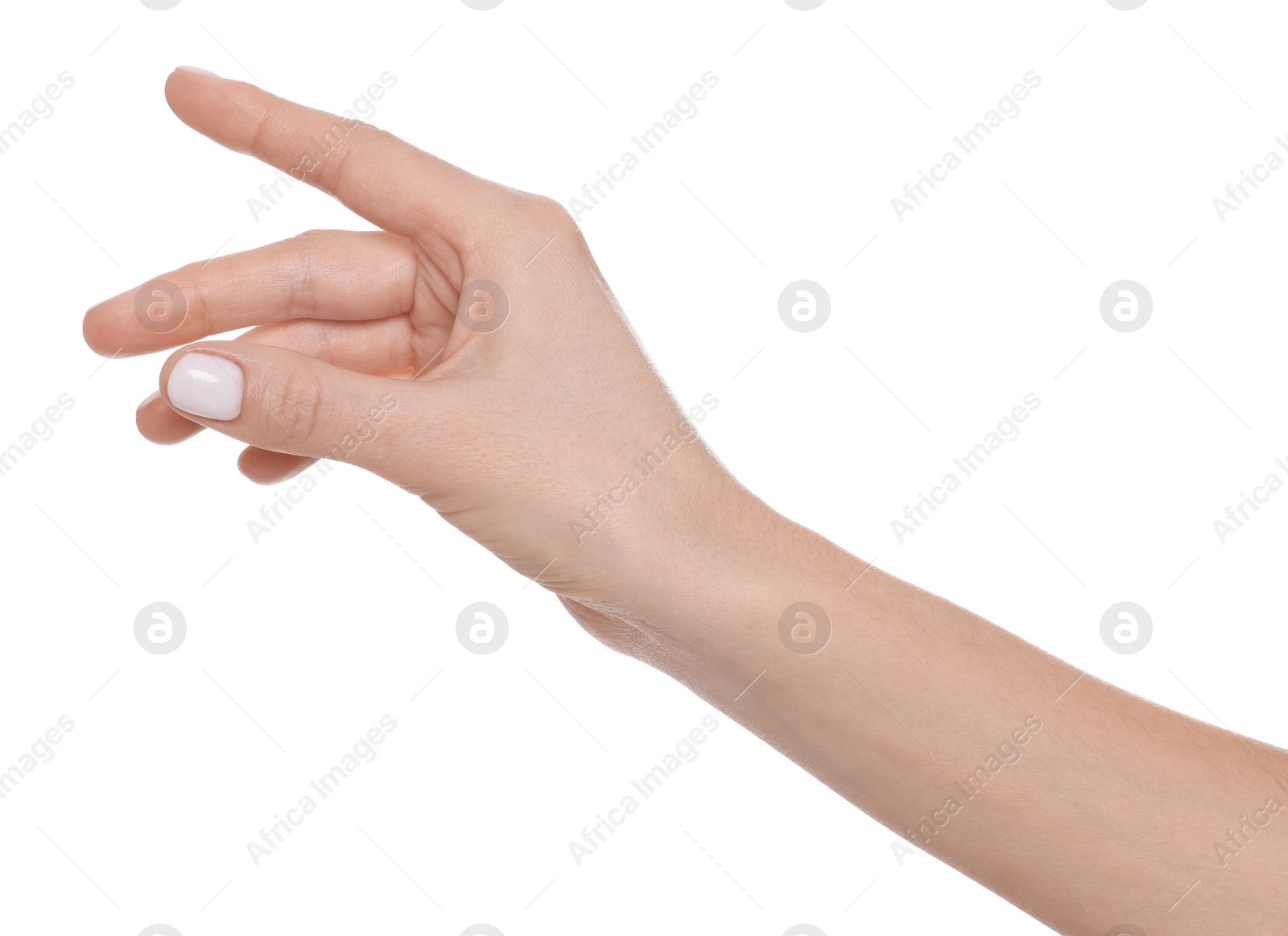 Photo of Woman holding something on white background, closeup of hand