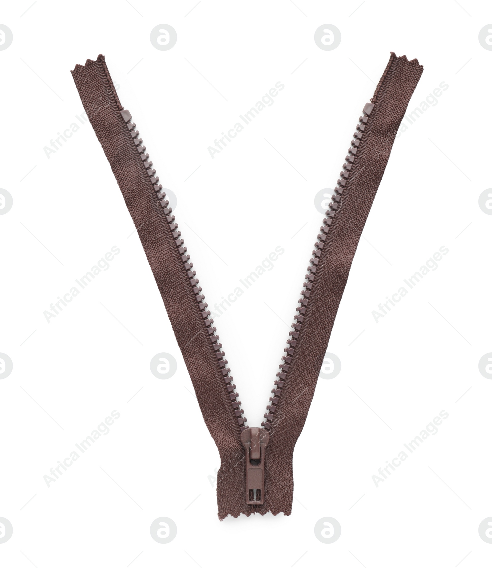 Photo of Brown zipper isolated on white, top view