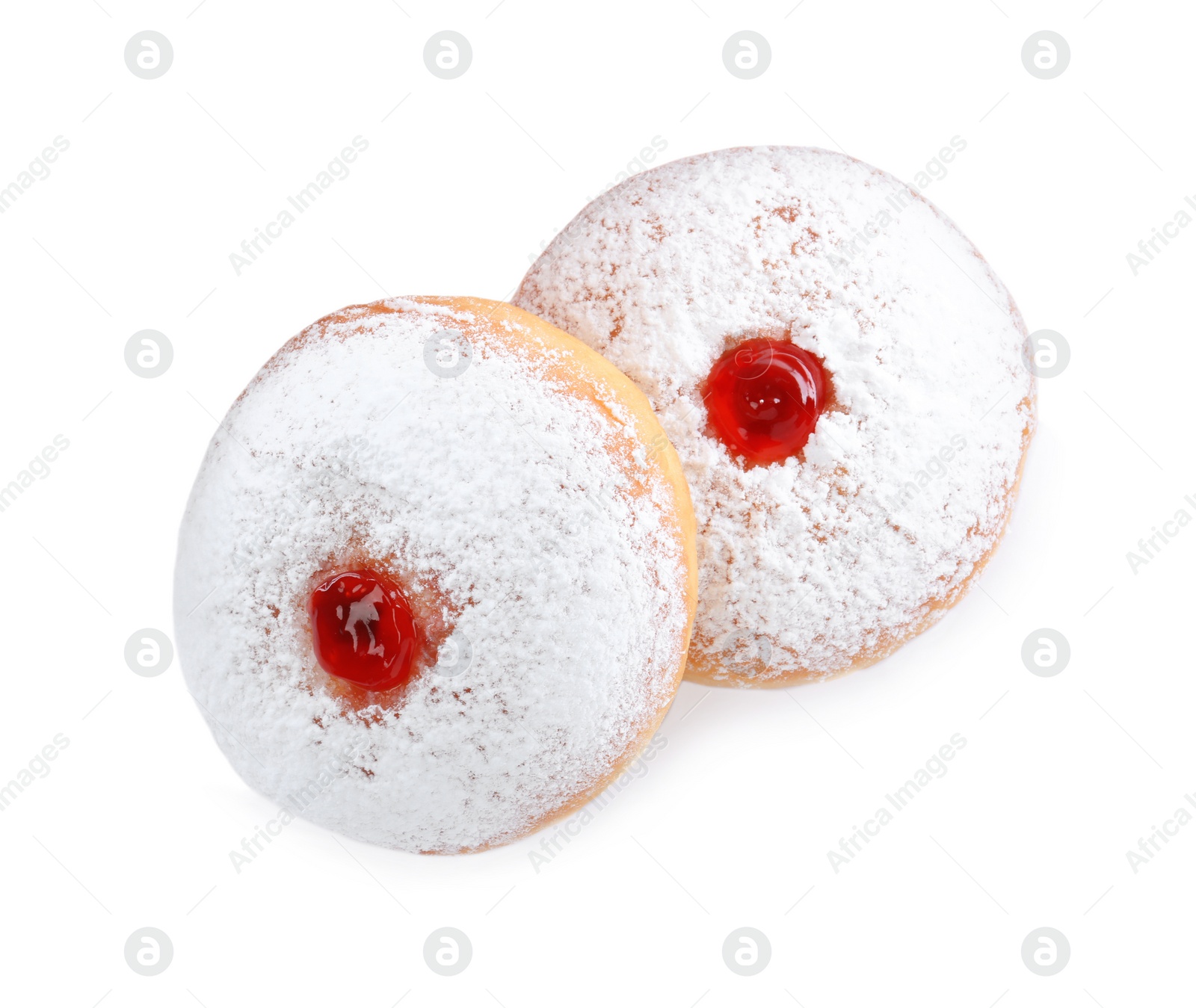 Photo of Delicious donuts with jelly and powdered sugar on white background, top view