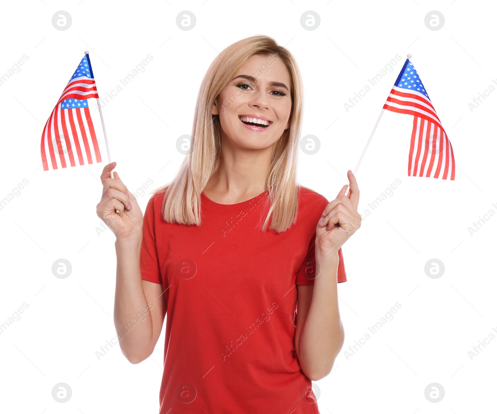 Photo of Portrait of woman with American flags on white background