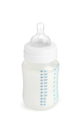 One feeding bottle with infant formula on white background