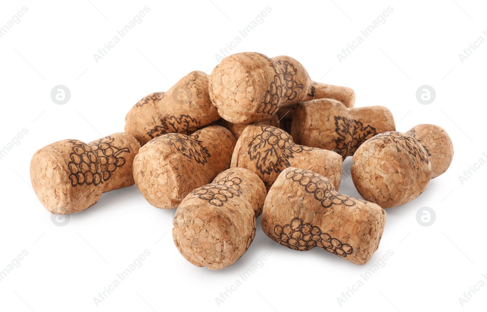 Photo of Heap of sparkling wine corks on white background