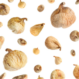 Image of Dried fig fruits falling on white background