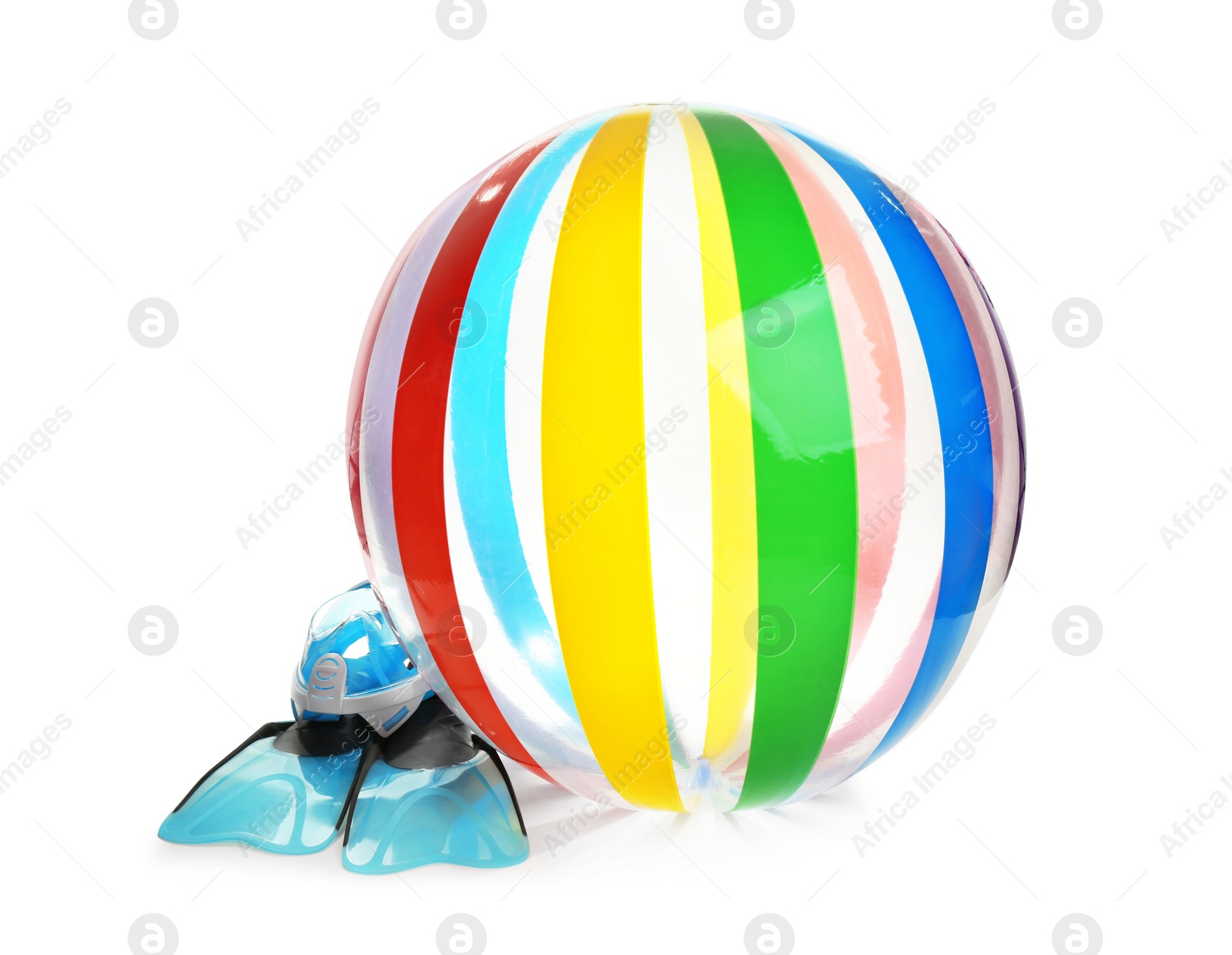 Photo of Set of bright beach accessories on white background